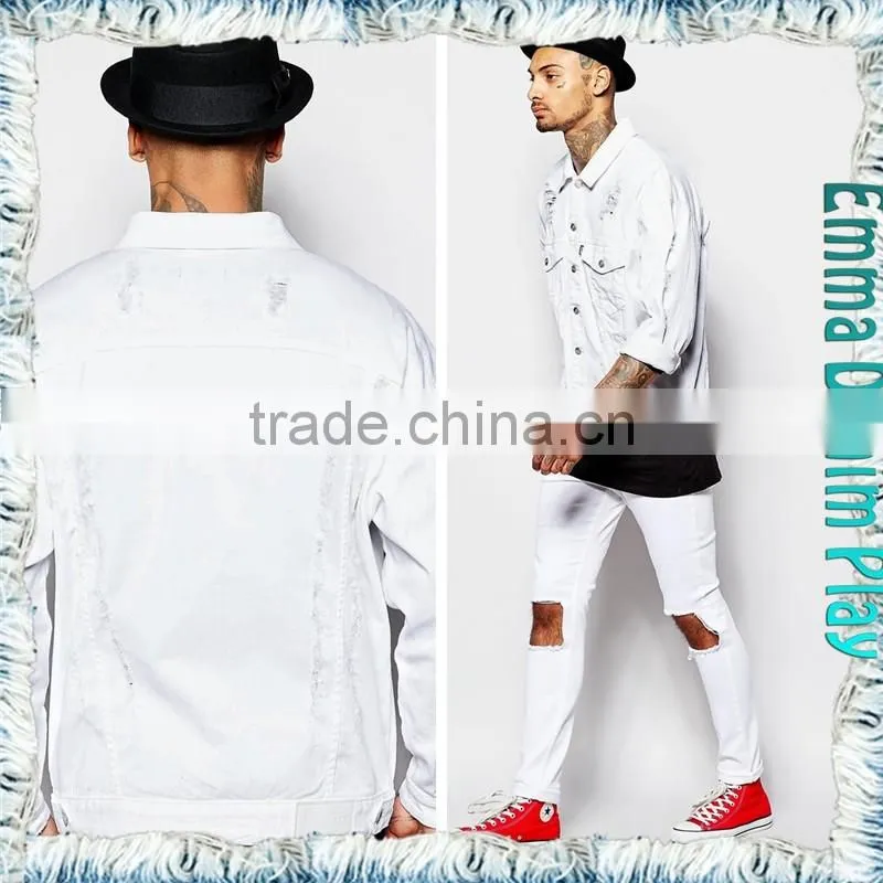 Street Design Soild White Denim Ripped Jackets for Mens