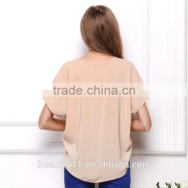 A pocket bat short sleeved chiffon shirt blouse color perspective SD99