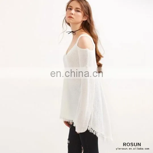 Newest Design White Cold Shoulder V Neck High Low Sweater
