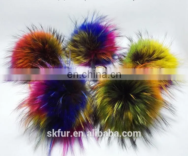 Customized color and size lovely real raccoon fur pom pom ball key chain
