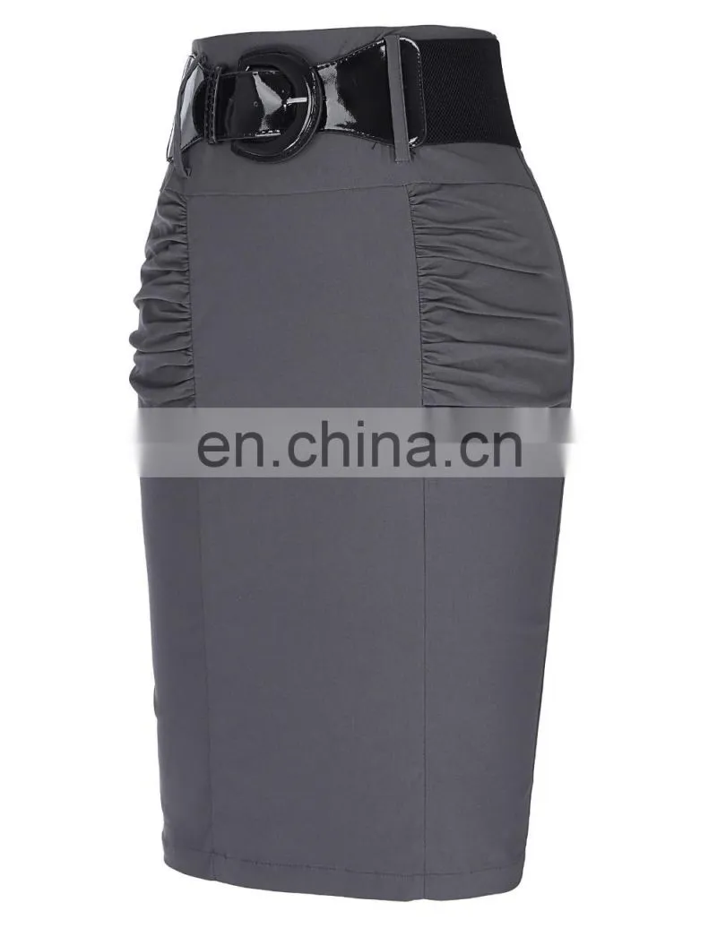 Kate Kasin Women's Shirred Detail High Stretchy Pencil Skirt In Grey Color KK000271-2