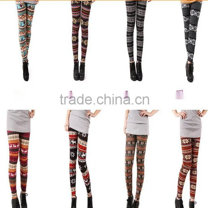 Red Black Nordic Leggings Snow flake Deer Print Fleece winter Christmas girl Leggings