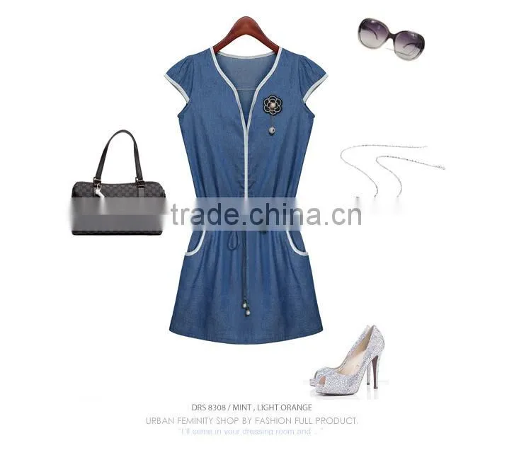 2015 Casual Women Newest Denim Dress High Qality Sleeveless Ladies fashion Denim Dress With flower