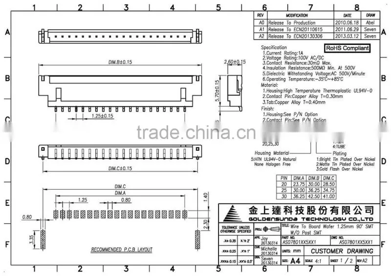 1.25mm pitch SMT Wire to Board 30 Pin Connector 20, 25, 30 Pin Available SMT 90 Right Angle Type