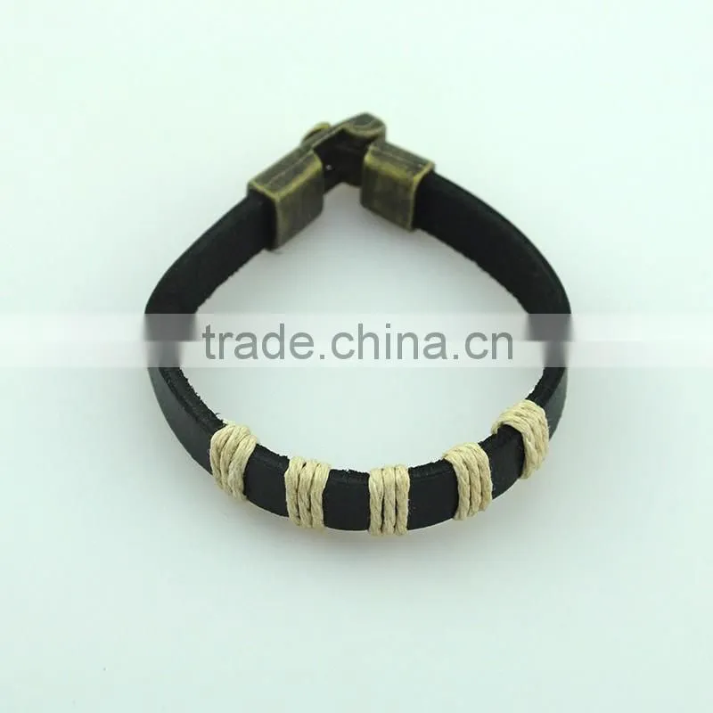 Customized Anti Brass Wire Black Leather Mens Bracelet