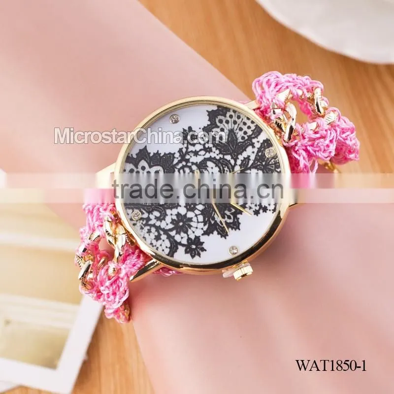 DIY hand made woven chain black flower fashion lady watch