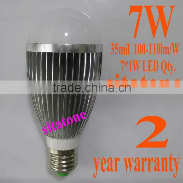 7W LED Bulb,2 year warranty Free shipping sale Polishing AC85-265V E27 B22 ,770LM,7*1w led lamp