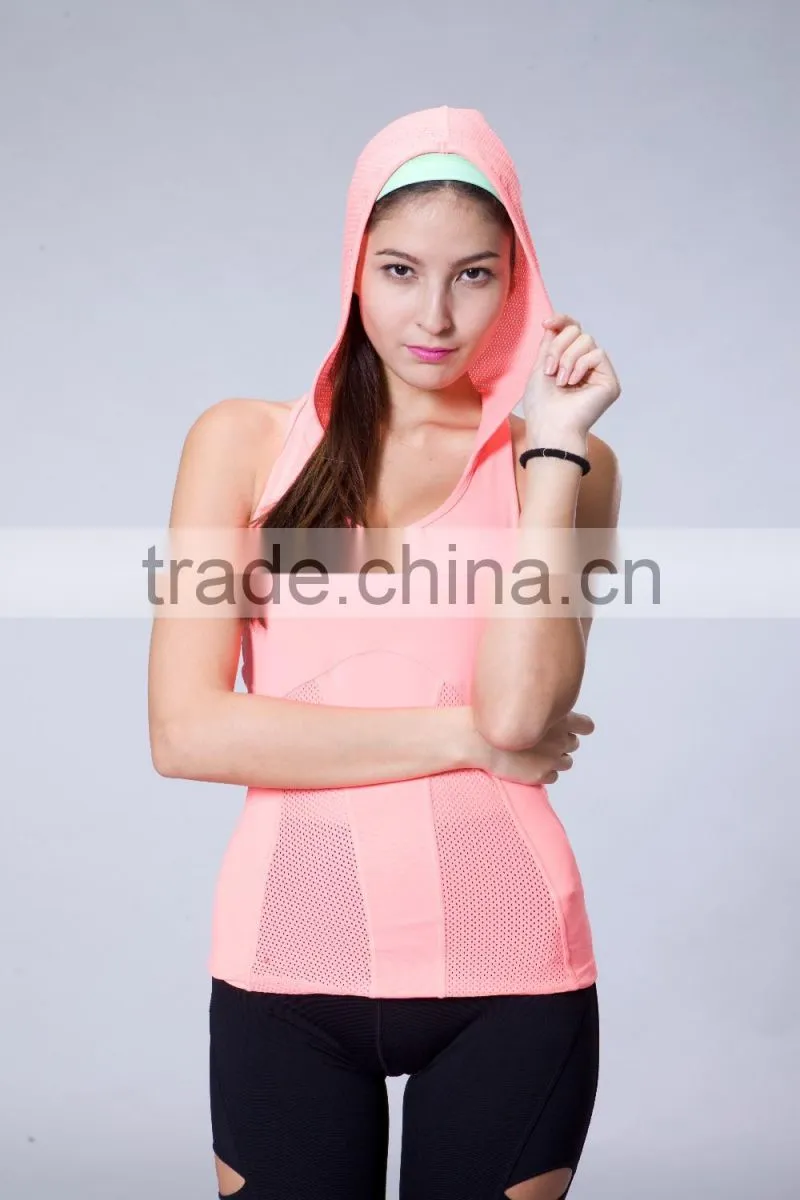 Fashion 2016 New Design Breathable Fishnet Mesh Workout Hooded Crops Top Summer Women Running Tank Top