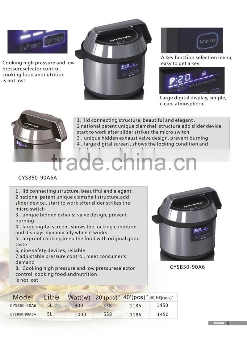 Key Function Selection Menu 5L Multi Tastes Electronic High Pressure and Low Cooker CYSB50-90A6 (GMG)