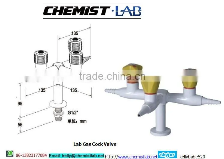 small size chemical resistant bench-top mounted laboratory solid brass double-head gas cock