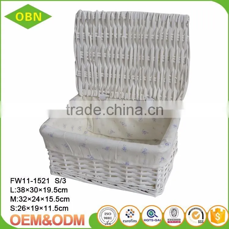 Customized willow weaving fabric liner woven baby clothing storage big basket with lid