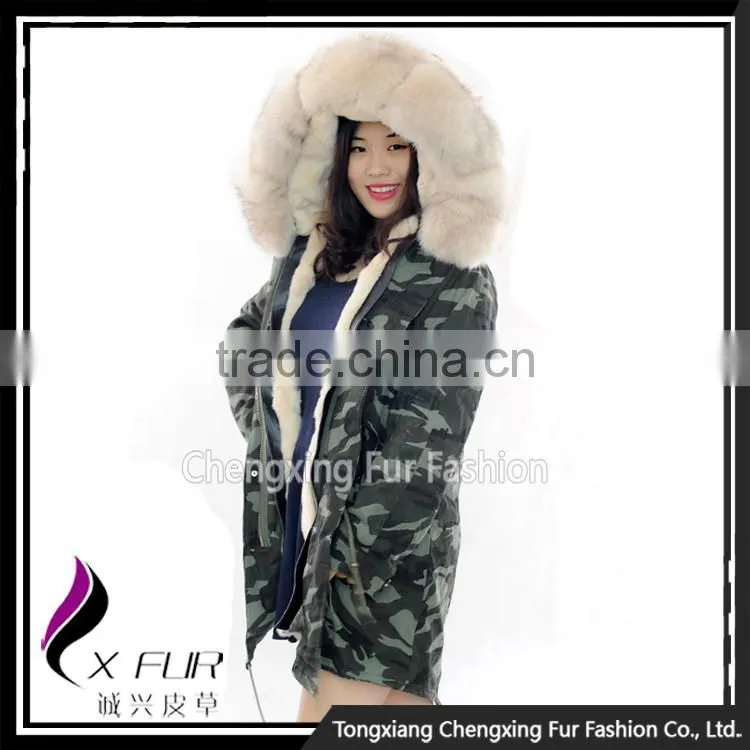CX-G-P-08D Fashion Parka Jacket Real Rex Rabbit Fur Jacket with Fox Collar
