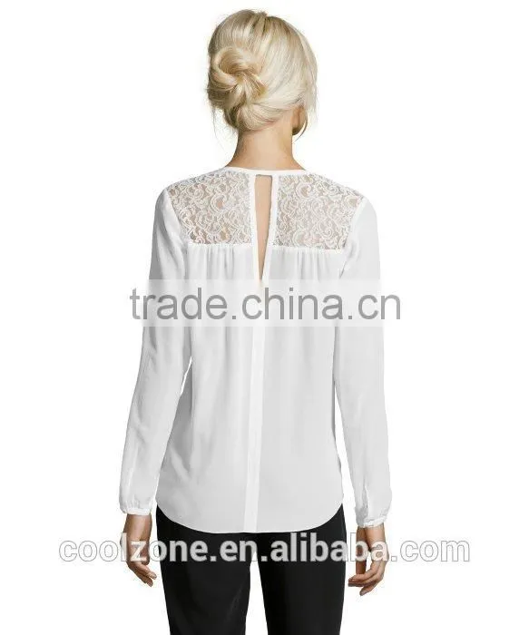 100% Polyester long sleeve v neck blouse Hi-low woman blouse