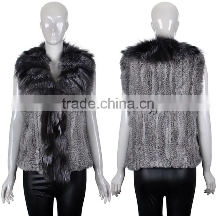 YR263 Genuine Rabbit Knit Fur Vest with Fox Collar Top Quality
