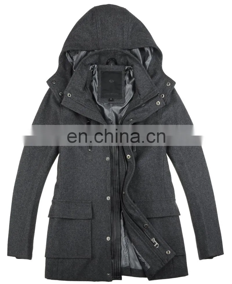 lastest fashion mens hooded woven wool fabric for winter overcoat long