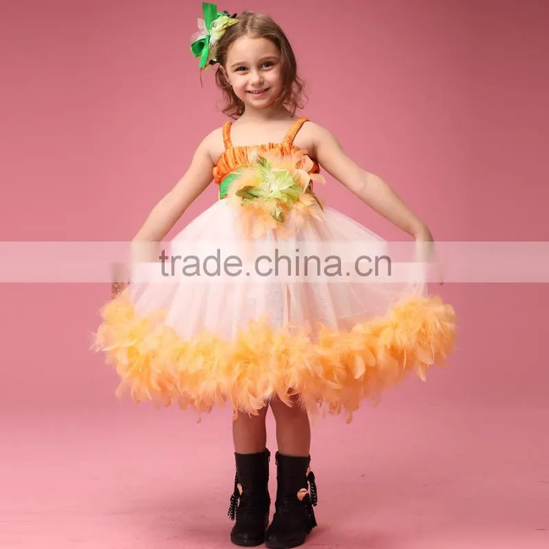 Luxury Feather Princess Flower Girls' Dresses for Beach Wedding Party Kids Gown