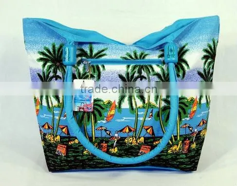 Waterproof Palm Tree Beach Design Canvas Beach Bag with Wood Balls Zipper Closure 21 X 15 X 6"