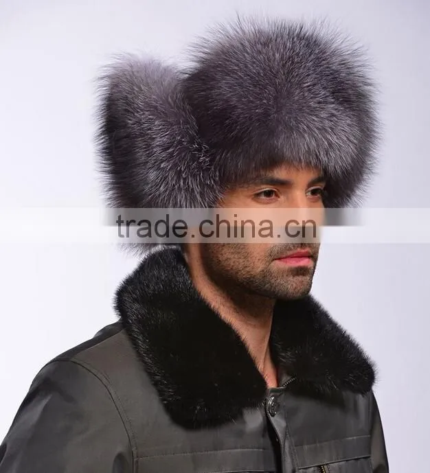 Classic Male Plush Silver fox fur Bomber Hats High quality Winter warm Hats