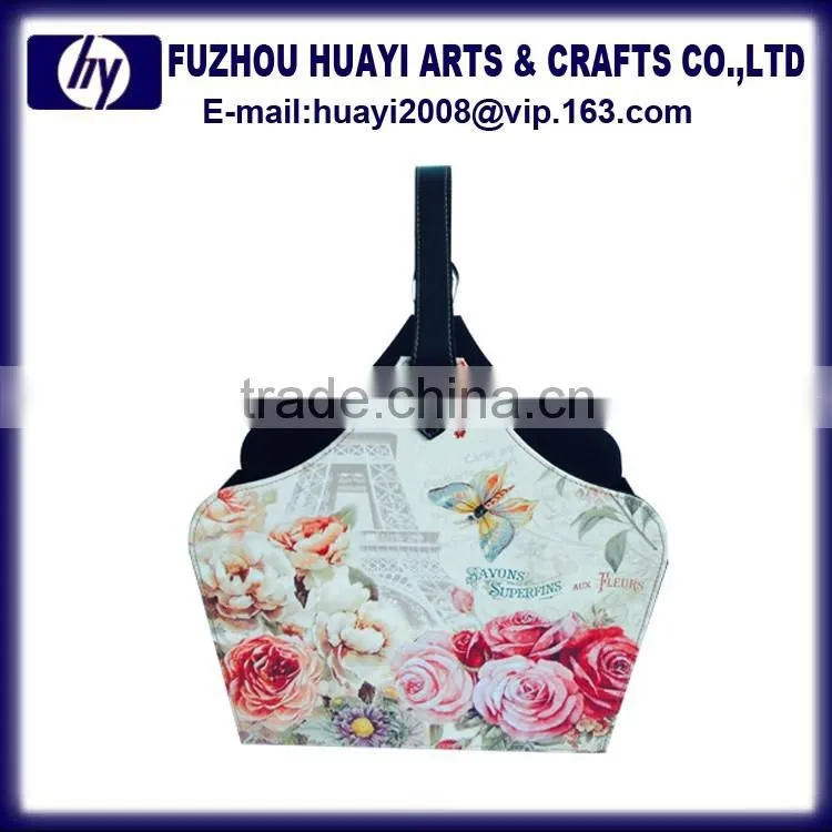 PU leather printing design photo wooden storage basket hanging basket chain