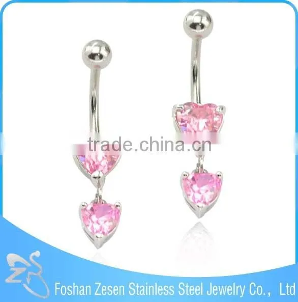 BR01786 China manufacturer stainless steel cute dangle pink zircon heart navel piercing