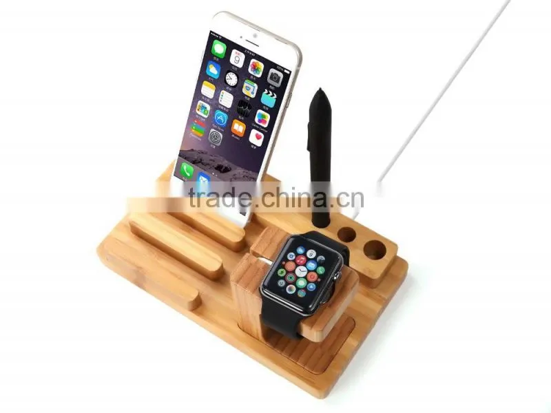 Keno Bamboo Dual Charging Stand Cradle with Pen Holder for Apple Watch, for iPhone for iPad