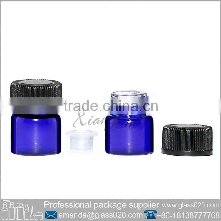 blue 1ml vial glass bottle with black bcap