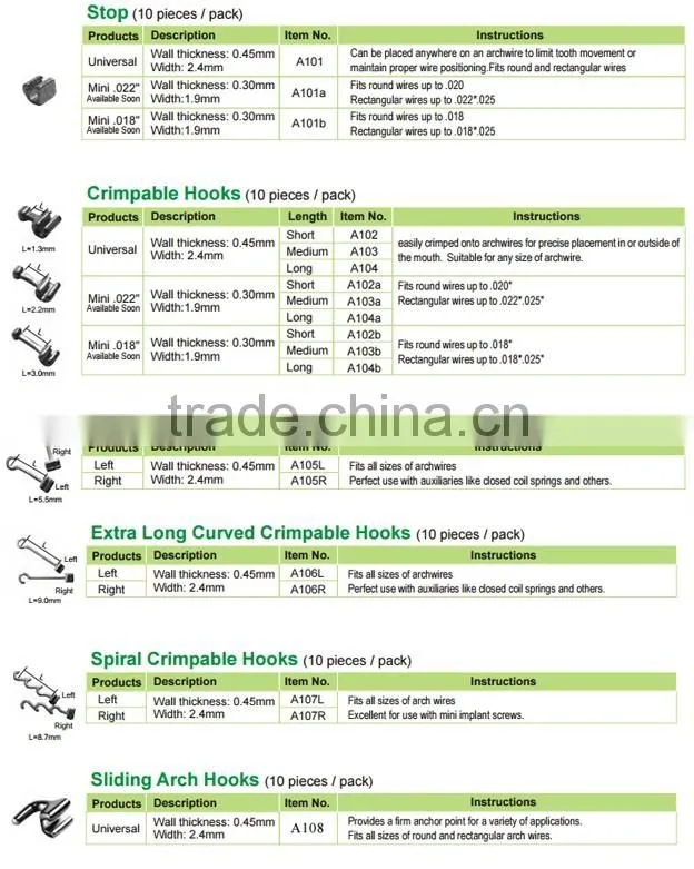 Dental Sliding Arch Hooks