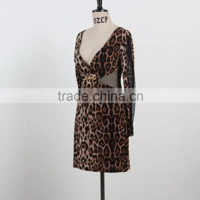 NEW ARRIVAL Sexy leopard bodycon dress 2016 deep V neck net dress custom dress supplier