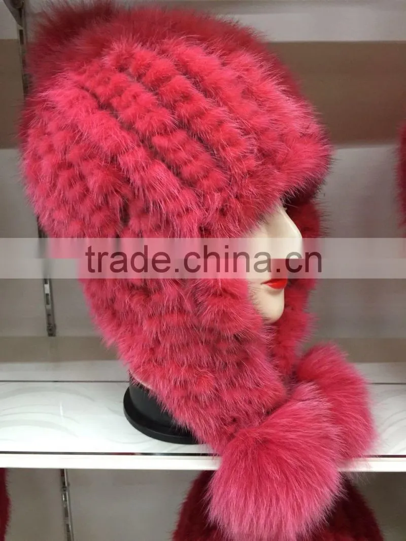 korea style fashion women mult color kintted mink fur hat with pompoms