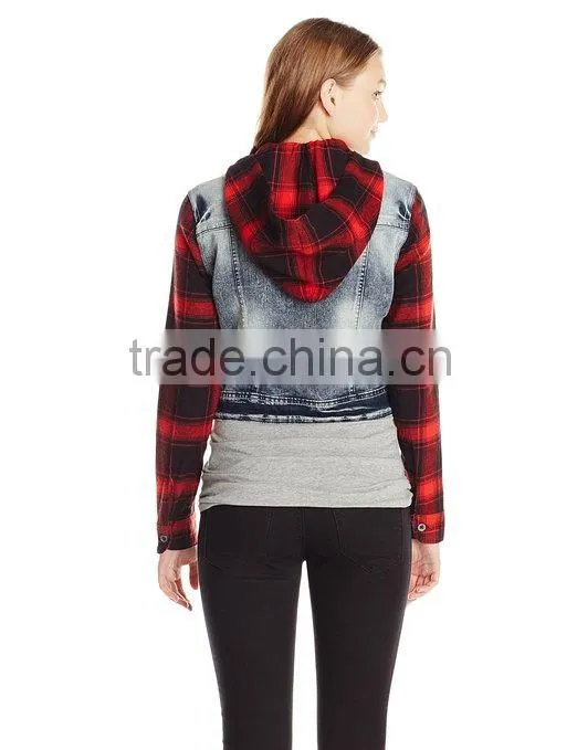 RECHEEL Ladies Junior's Denim Jacket with Plaid Sleeves