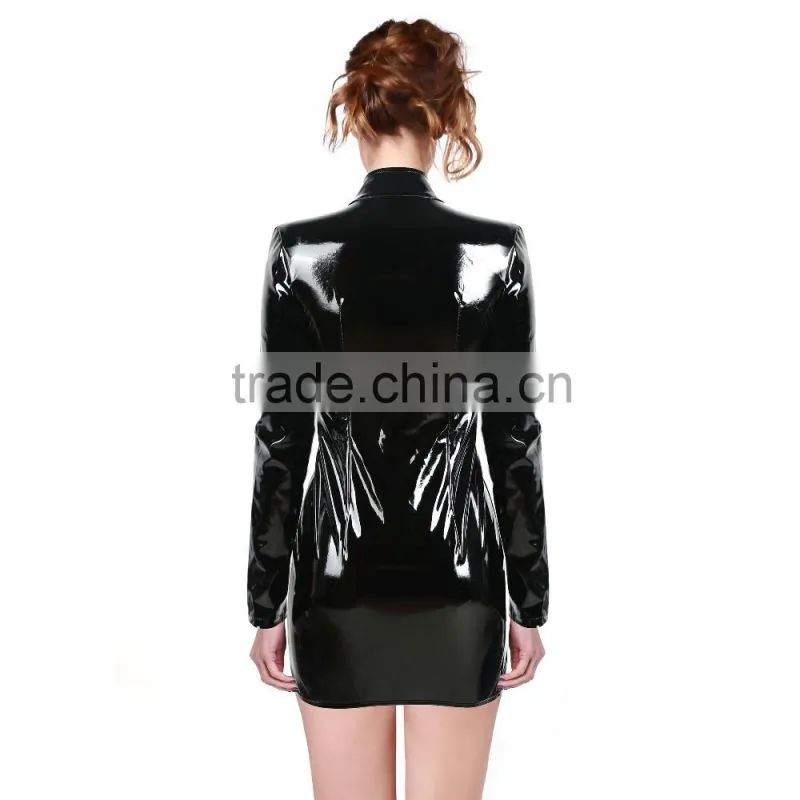PUNK short black women leather spanking skirt with long sleeves