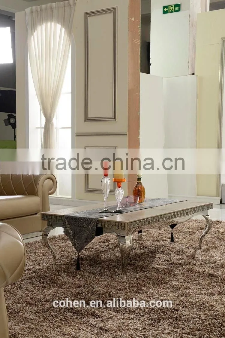 High end royal mosaic decoration livingroom stainless steel furniture coffee table/center table covered by real leather/PU