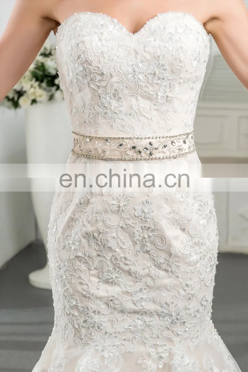 Latest design white french lace fabric Charming sash Lace Appliqued and Beaded Bridal Wedding Gowns