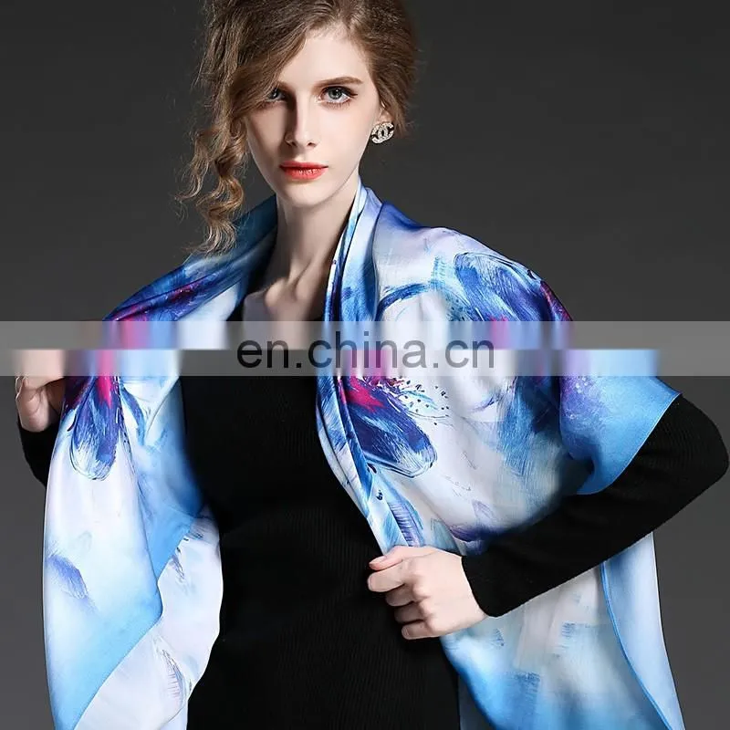 Blue silk square scarf for women 110*110