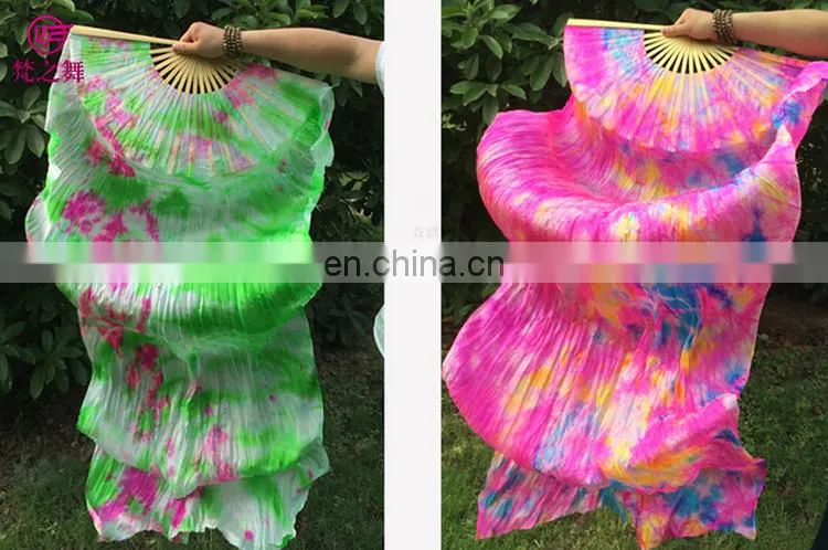 P-9074 New arrival dyed 100% real silk long belly dance fan veil with size 1.8m and 1.5m