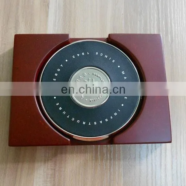 zinc alloy metal base coaster metal embossed logo center coaster leather around the coaster