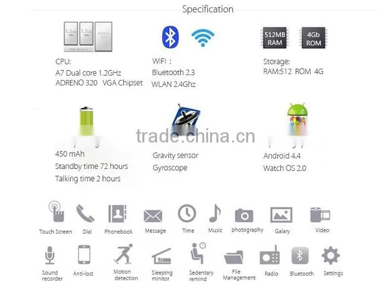 2016 Hot Selling MTK6572 1.4 " IPS 3G GPS WiFi Bluetooth Android 4.4 K18 Smart Watch