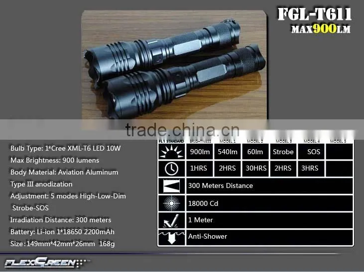 T6 LED 18650 battery hard anodizing flashlight
