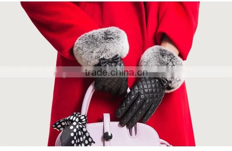Sheep Leather Lattice Pattern With Bowknot Ornaments Rex Rabbit Fur Trim