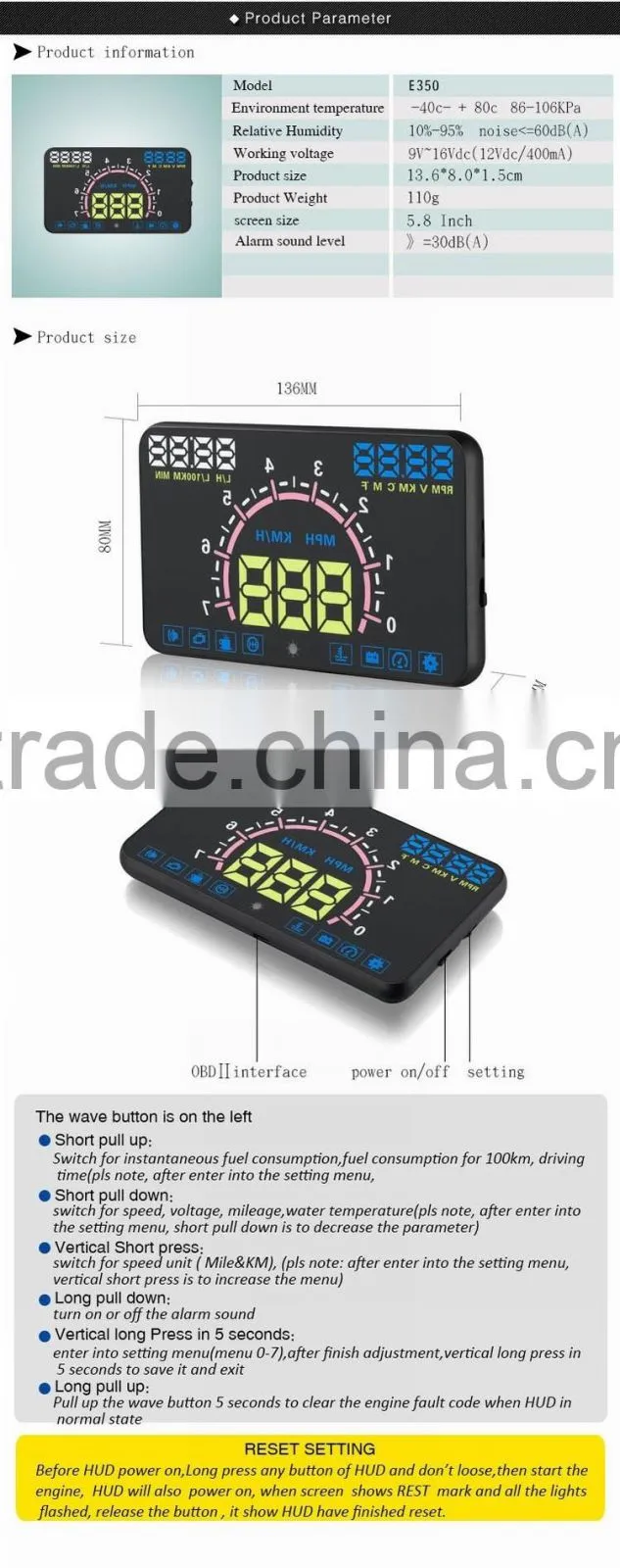 Newest E350 HUD Head Up Display 5.8 Inch HUD E350 Support Cars with OBD2 and EUOBD Port Speeding Warning