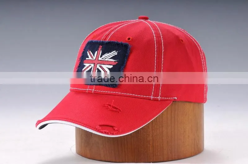red cotton twill broken washed baseball cap with embroidery patch