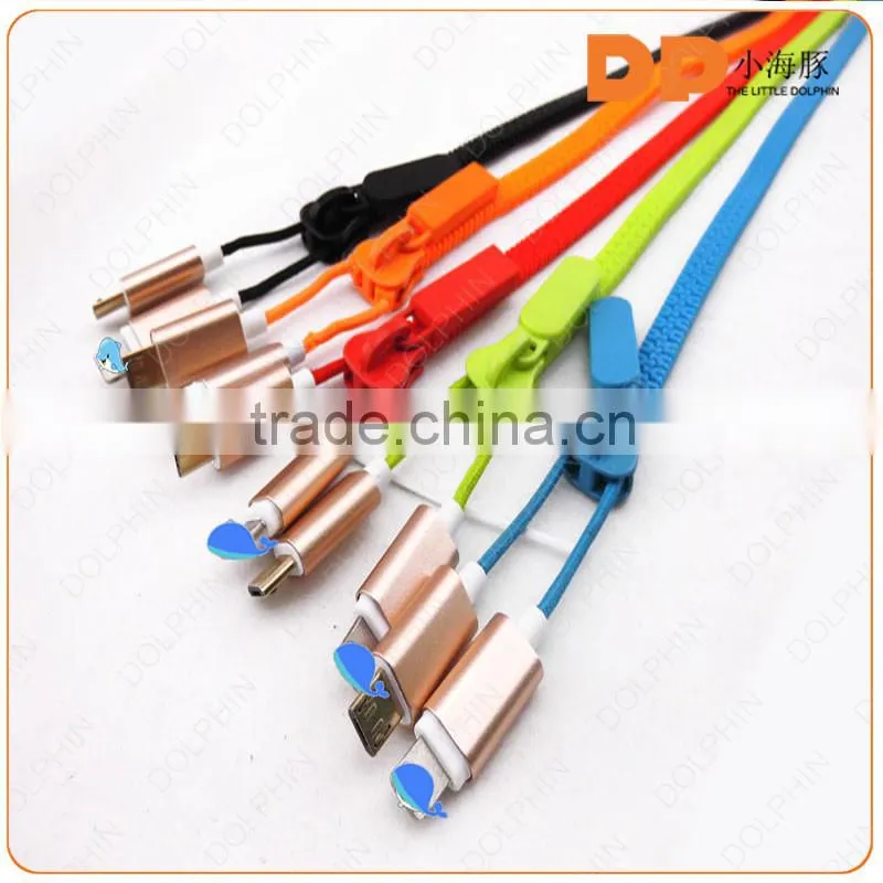 New premium colorful zipper usb cable 2 in 1 usb phone charger cable for samsung galaxy s7