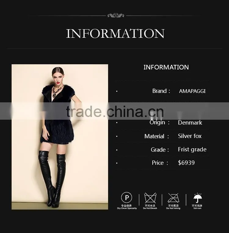 Hot sale dark blue sliver fox fur vest with leather vest