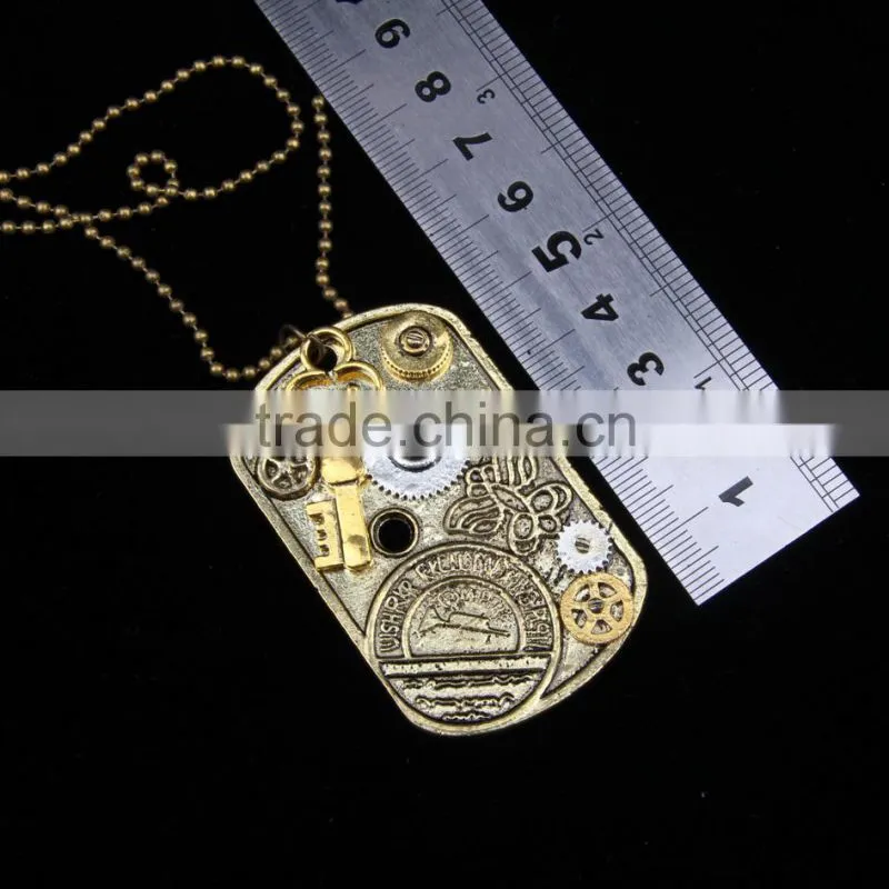 2015 yiwu fashion imitation jewelry steampunk necklace dog tag gear steam key butterfly pendant cameo statement necklace