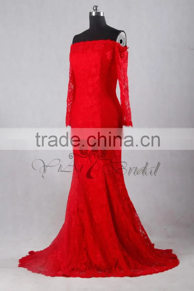 J--0095 red big ass picture of evening dress sexy french lace long sleeve off shulder mermaild wedding dress