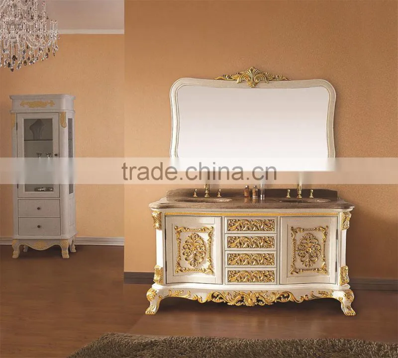 Antique European Designed White and Gold Solid Wood Bathroom Cabinet with Double Sinks and Framed Mirror BF12-05164a