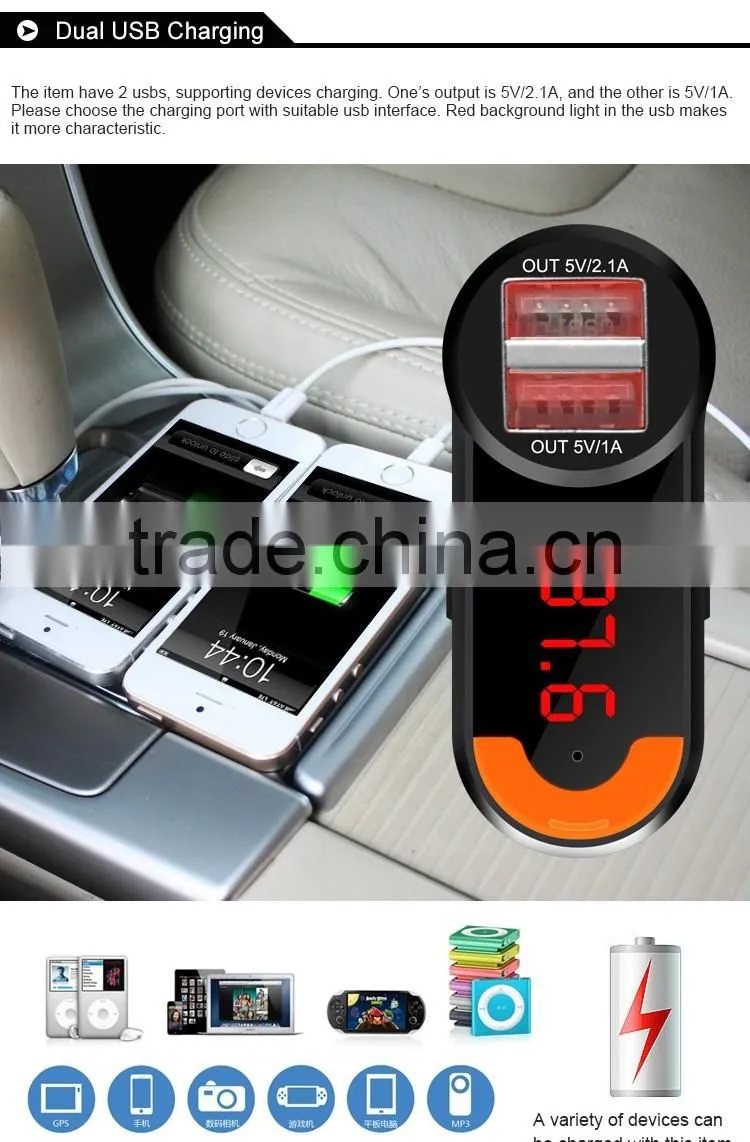 Wireless Bluetooth Car Kit with Portable Dual USB car charger Hands Free MP3 Player FM Transmitter