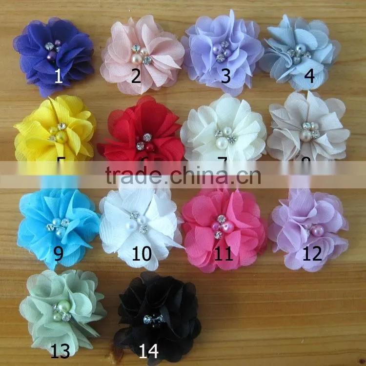 fabric chiffon flower with pearl beads rhinestone in center for kids hair accessories