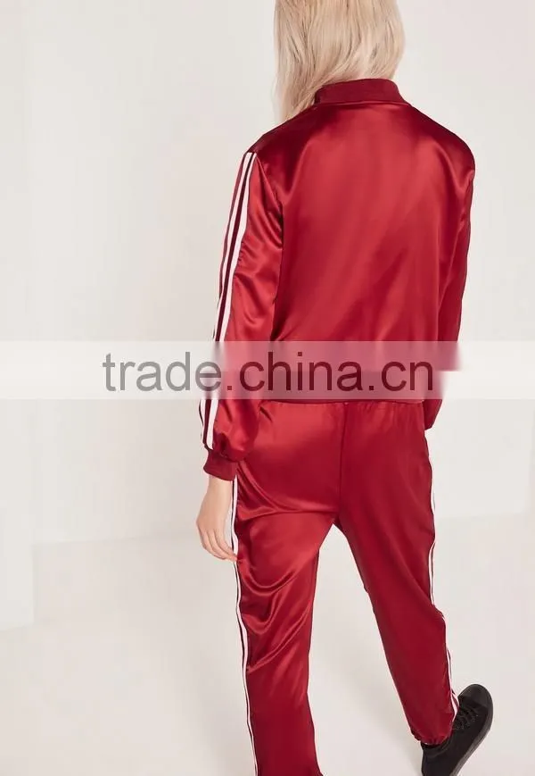 High Quality Custom Silk Flare Red Stripe Panel Satin Bomber Jacket Women Sports Gym Running Active Wear Clothing Set