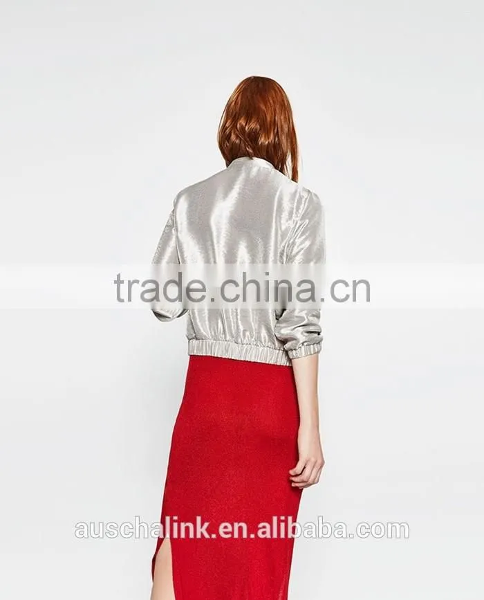 new style autumn cheap sliver satin plain front zipper baseball jackets